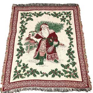 Vtg Christmas Santa Claus Tapestry Throw Blanket Kris Kringle Poinsettia 56 x 48